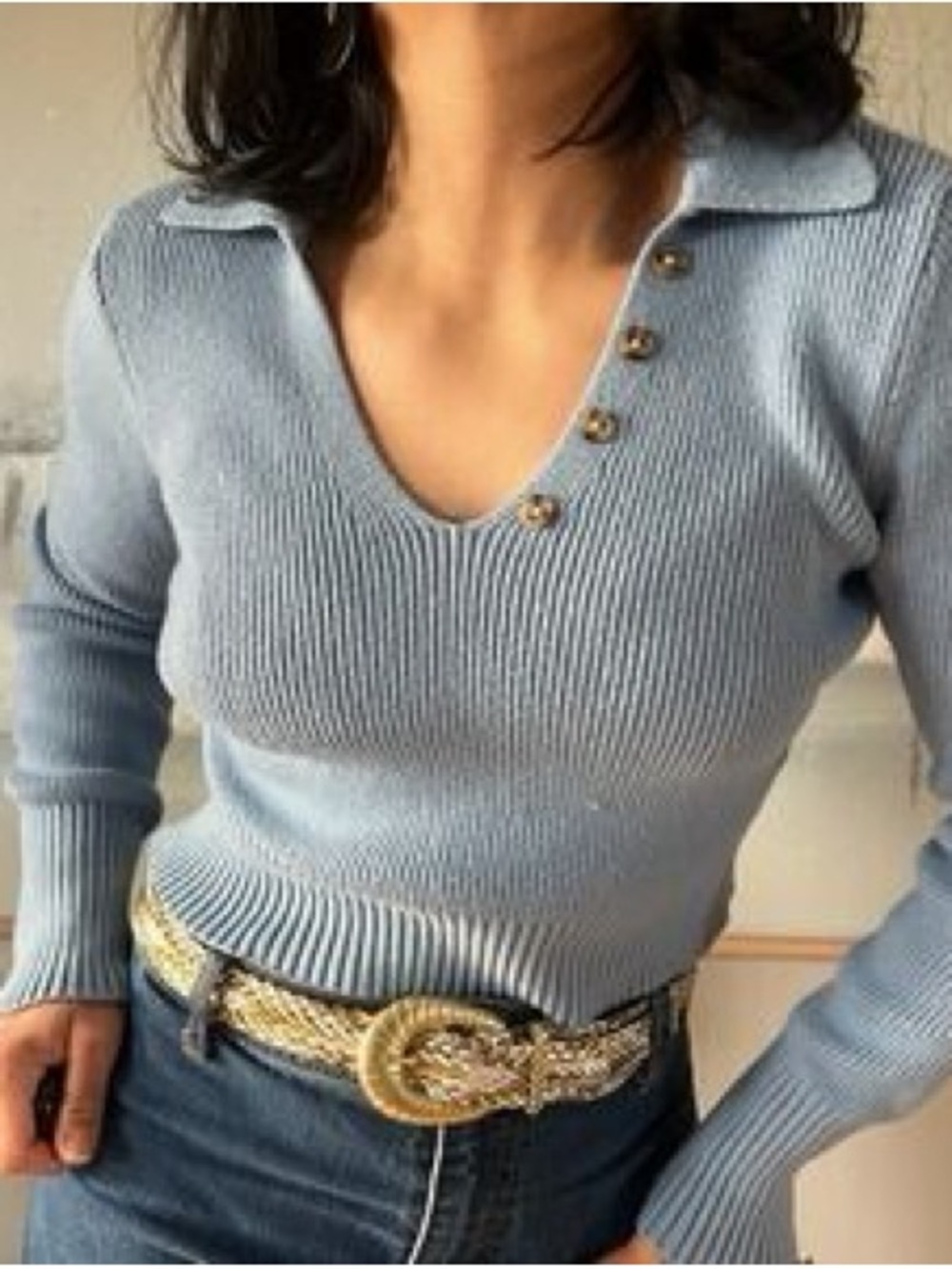 Light Blue Ribbed V-Neck Sweater with Button Accent